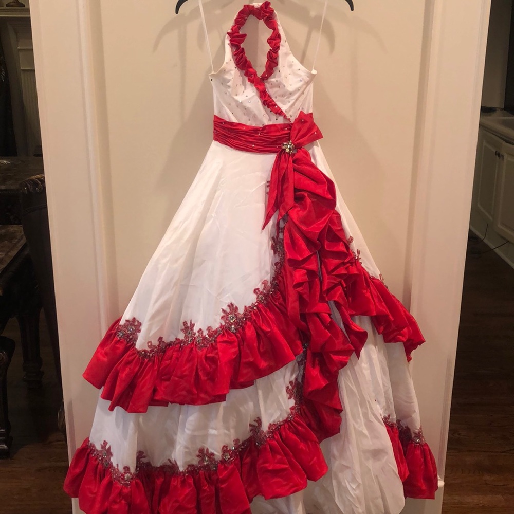 White and Red Formal Girls Juniors Dress, Halter Top, With Res Ruffles on Bottom
